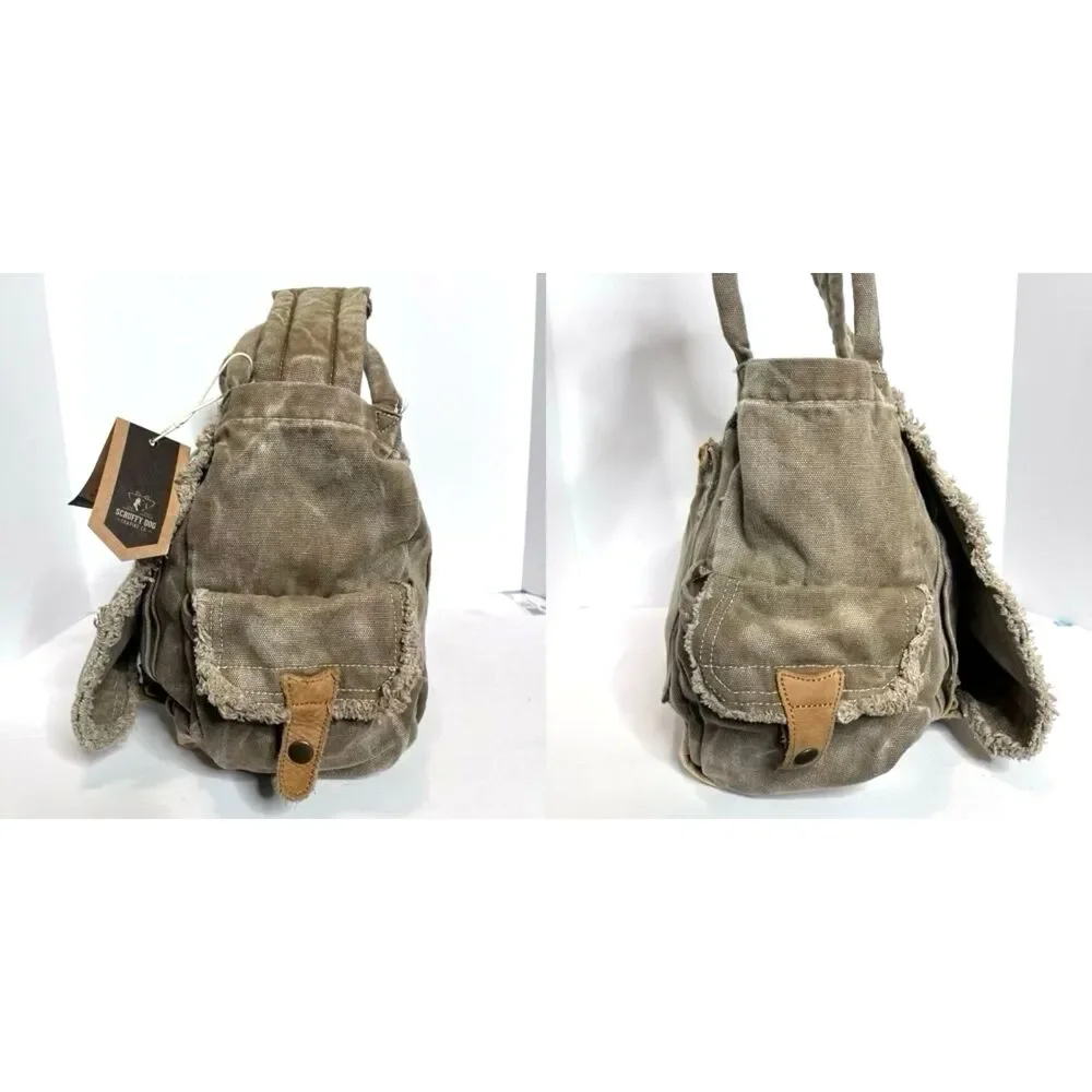 Scruffy Dog Trading Co Vtg Messenger Khaki Canvas Tan Leather Shoulder Bag